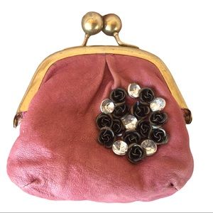 Fossil Crystals Flowers Small Maroon Vintage Coin Purse God Kiss Clasp Leather